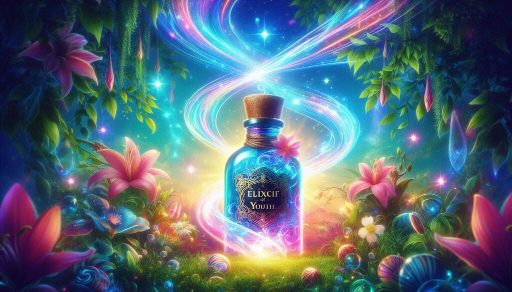 Uprostred je fľaša a na nej je nápis po anglicky ELIXIR of YOU. Pozadie obrázka je tvorené peknými kvetmi.