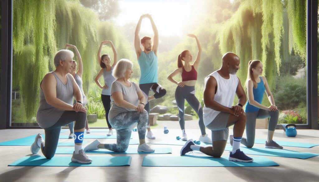 Vo fitnes centre cvičí skupina ľudí na karimatkách.