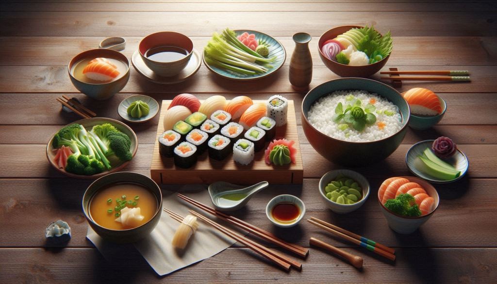 Na stole je pestré japonské menu servírované v malých miskách.