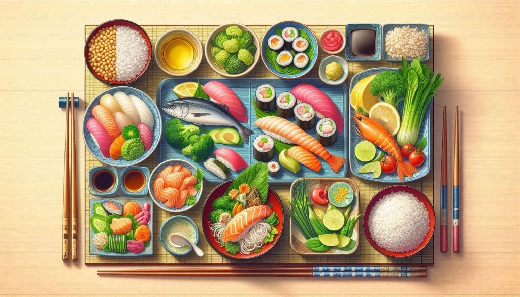 Na stole sú typické Japonské jedlá servírované v malých mištičkách.