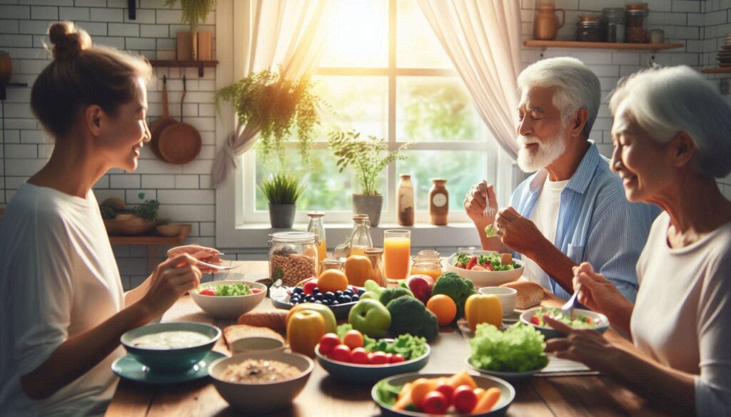 V jedálni sedia za stolom seniori a jedia zeleninu. Príklad dobrého stravovania.