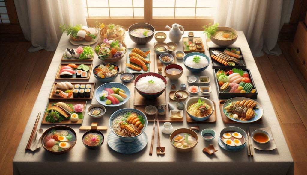 Japonská jedáleň, na stole je množstvo jedál servírovaných v malých miskách.