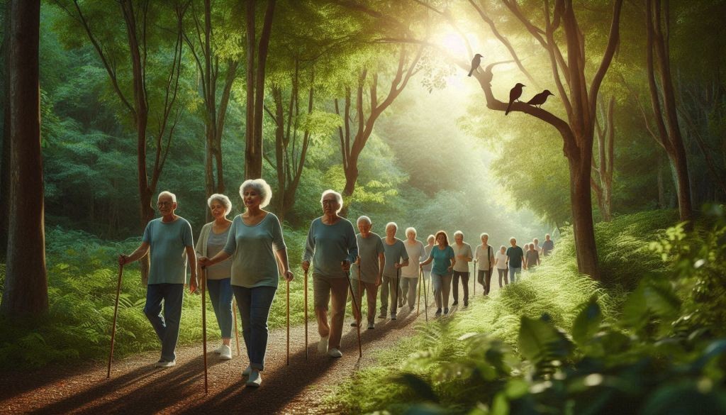 Skupina seniorov kráča s palicami v prírode počas miernej aktivity.