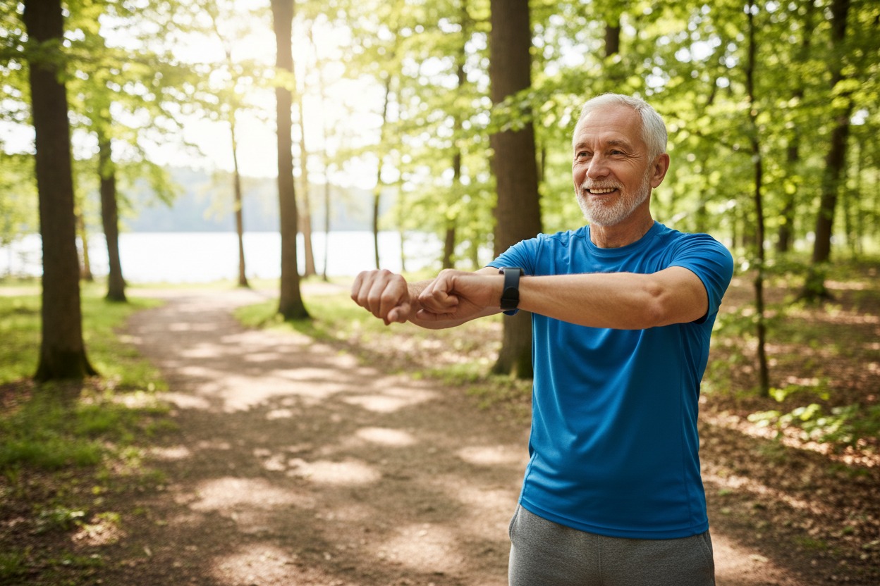 Senior nosí fitness tracker počas prechádzky v prírode.