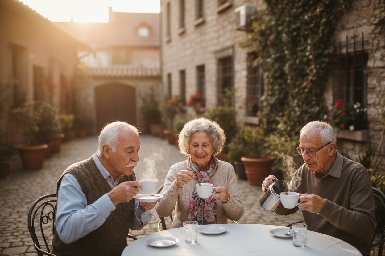 Seniori pijú kávu na ulici, pričom sedia za stolom.