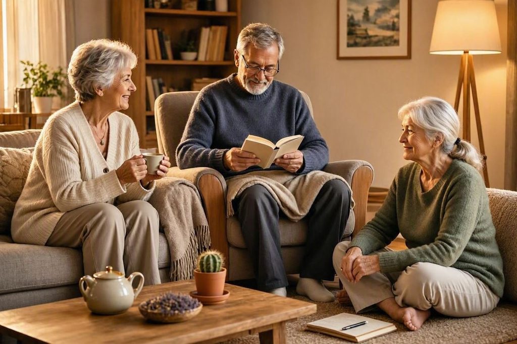 Seniori: čítajú, pijú čaj, zapisujú si poznámky.