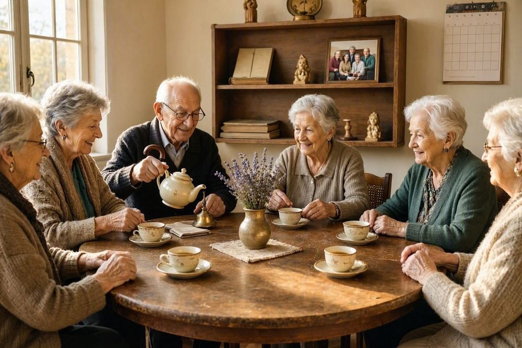 Seniori sedia za okrúhlim stolom a spoločne pijú čaj.