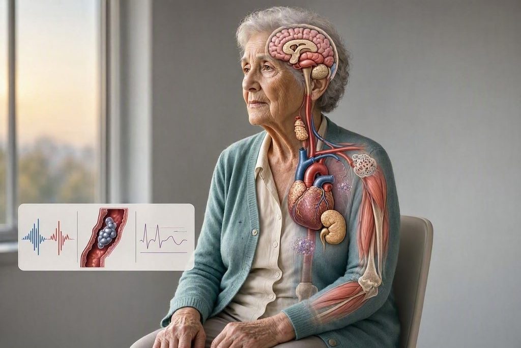 Žena seniorka spolu s modelom orgánov tela, sedí na stoličke.