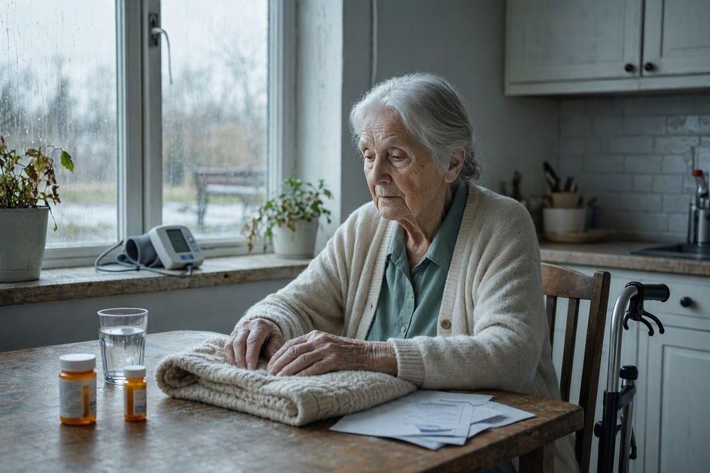 Seniorka sedí za stolom a pozerá na lieky. Na okne je položený tlakomer.