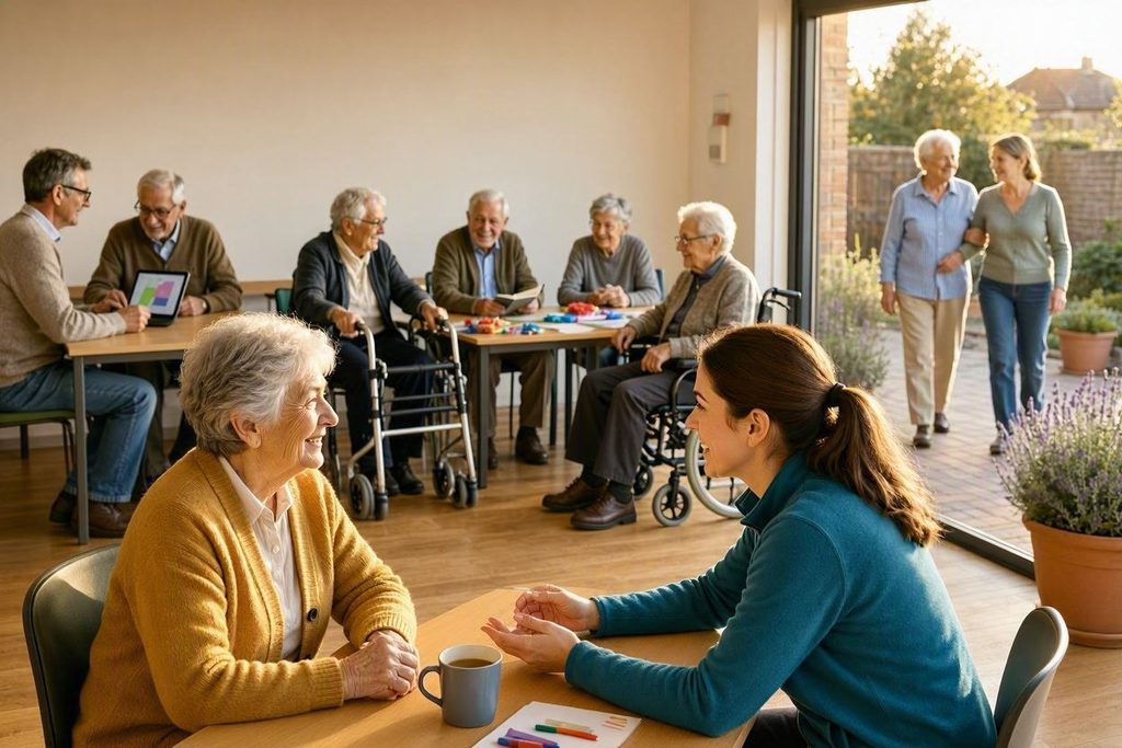 Seniori sú v dennom centre. Sedia za stolmi a debatujú.