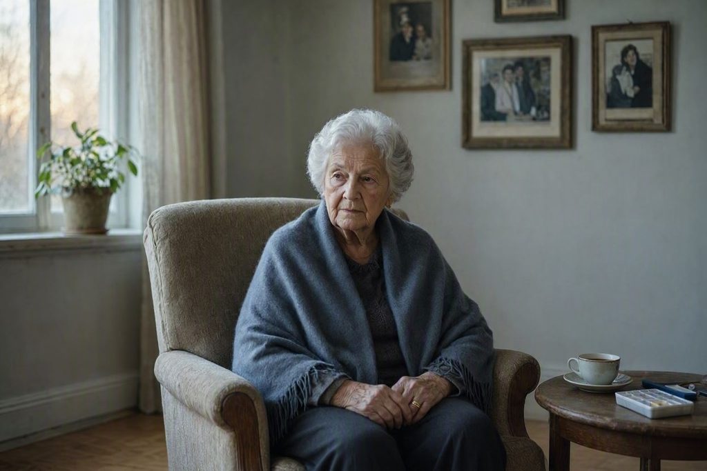 Seniorka sedí v kresle a v pozadí na stene sú zarámované fotografie.