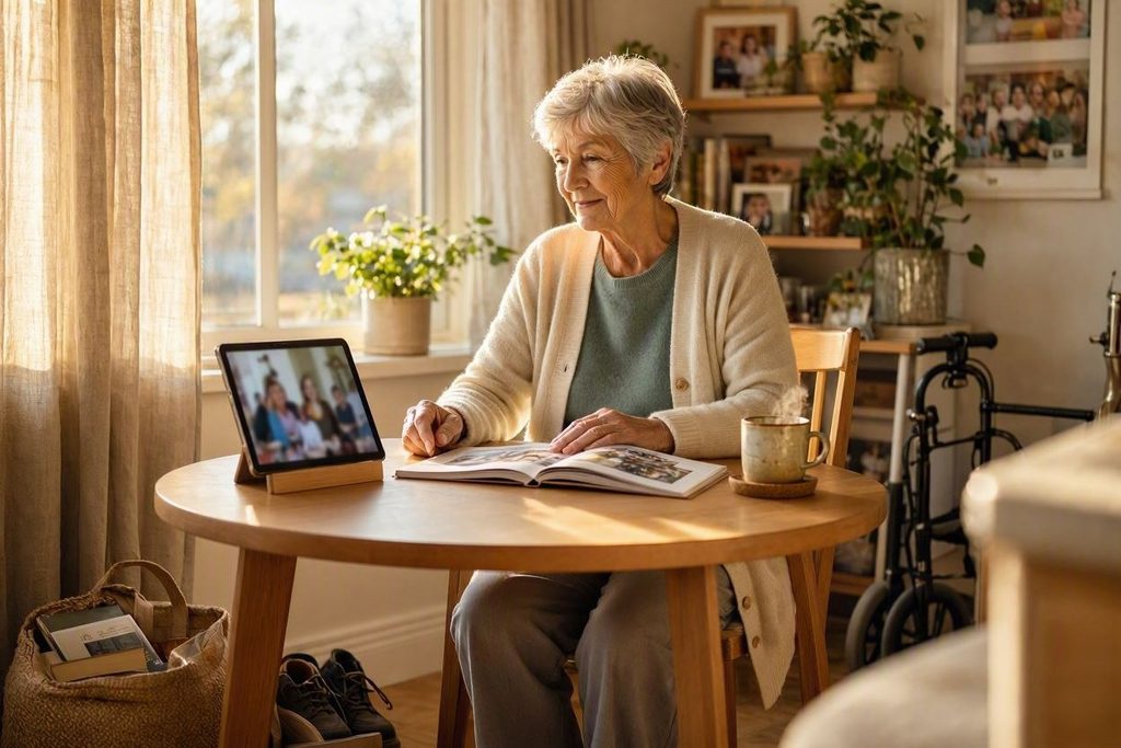 Seniorka sedí za stolom a komunikuje s rodinou pomocou tabletu.