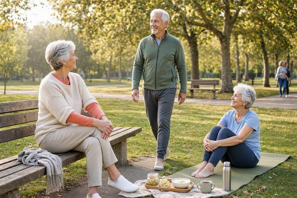 Seniori sú v parku. Prechádzajú sa, cvičia a jedia.