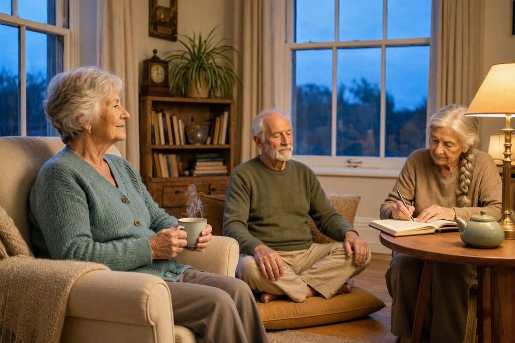Seniori: meditujú, pijú čaj, píšu si poznámky. Cez okná vidno ako sa zmráka.