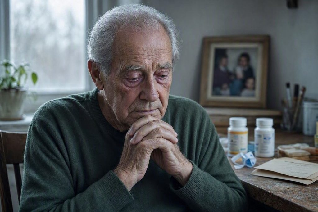 Senior sedí za stolom a podopiera si bradu rukami.