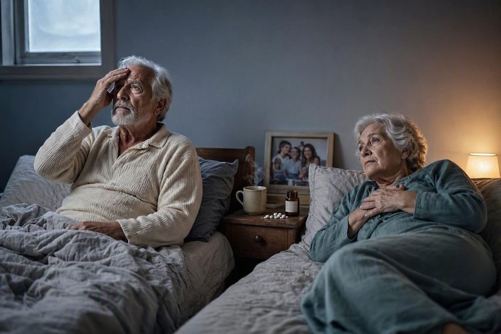 V spálni ležia muž a žena seniori. muž sa drží za čelo a žena za srdce.