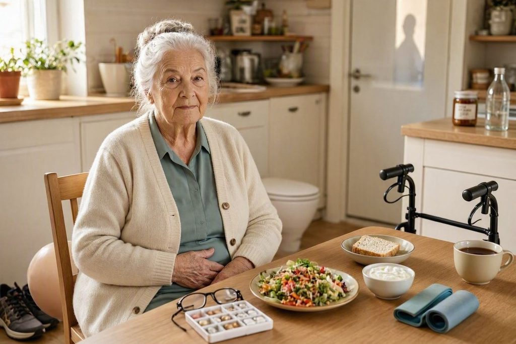 Seniorka sedí za stolom v kuchyni a drží sa za brucho.