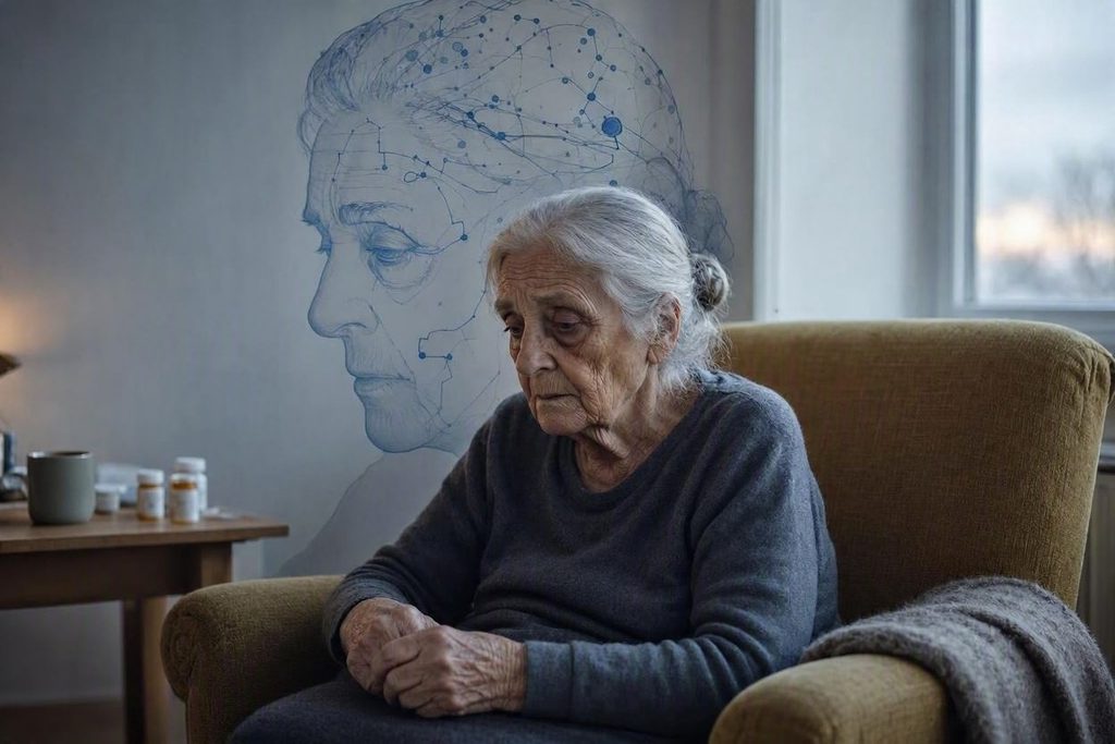 Smutná seniorka sedí na kresle. V pozadí je model hlavy s nervovou sieťou.