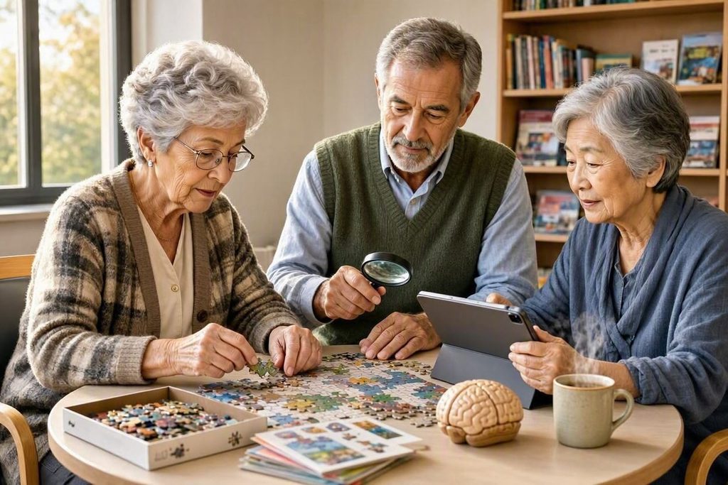 Seniori v študovni sedia za okrúhlim stolom a skladajú puzzle.