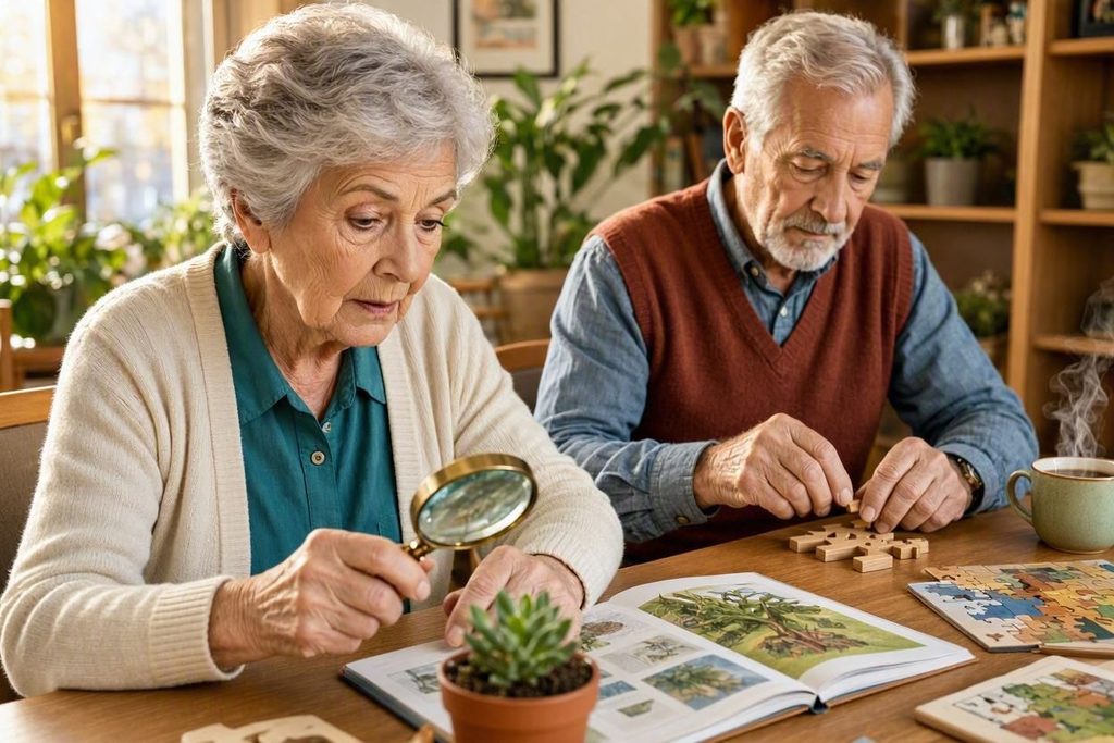 Seniori v pracovni. Muž skladá drevené puzzle a žena študuje knihu o rastlinách.