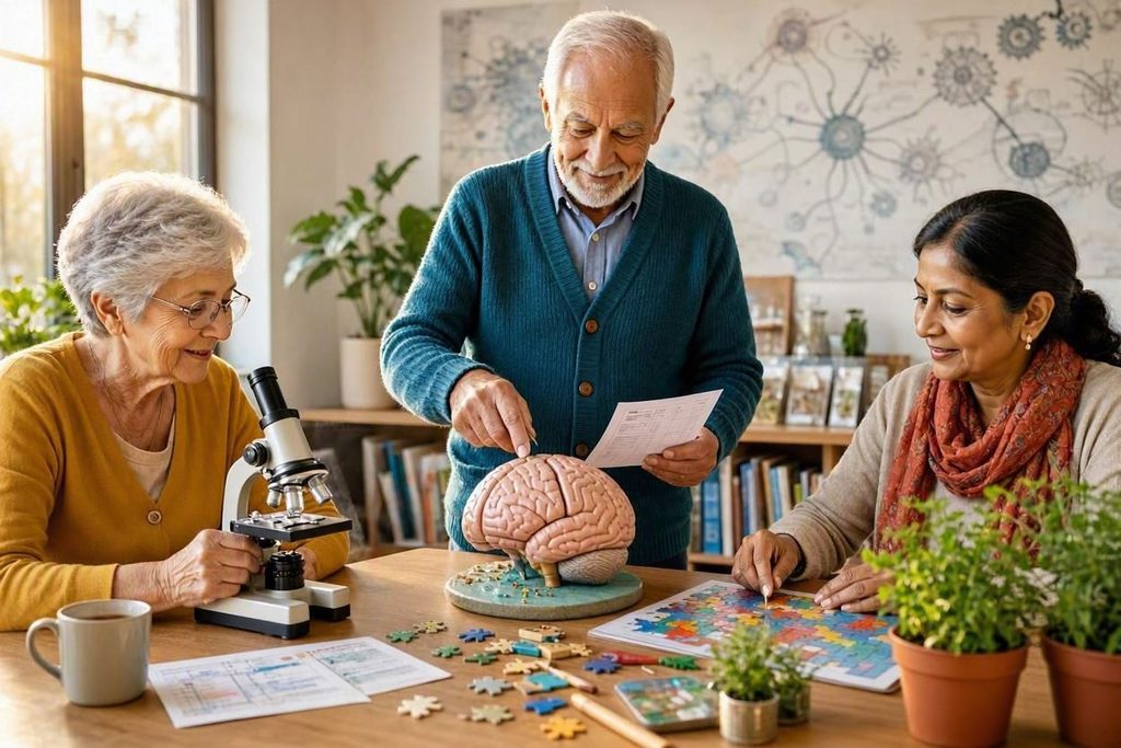 Seniori skúmajú model mozgu, skladajú puzzle, pracujú s mikroskopom. 