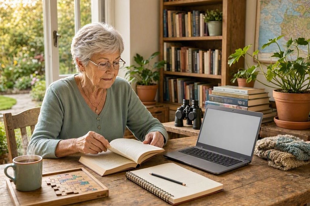 Seniorka v študovni číta knihu, zapisuje si poznámky a má notebook. V pozadí je knižnica plná kníh.