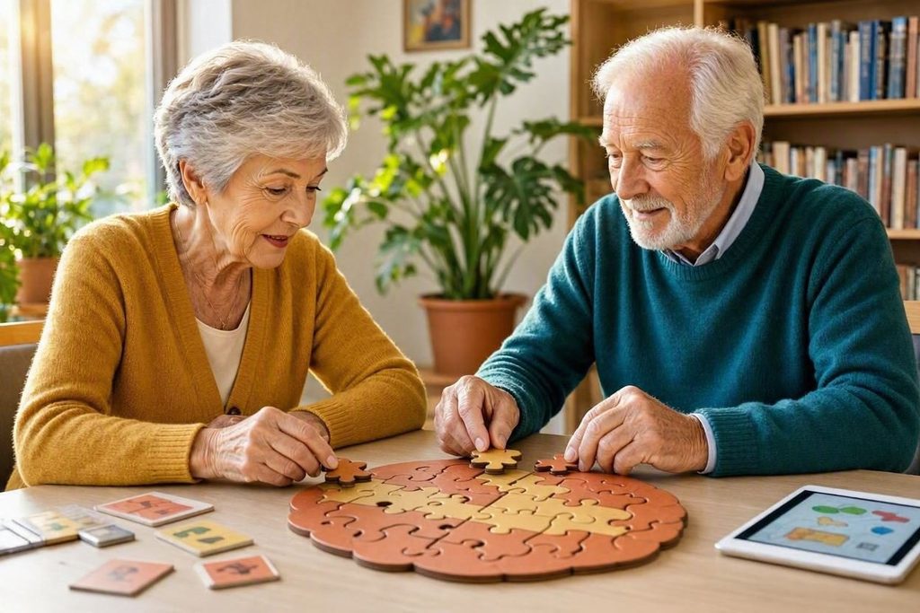 Seniori muž a žena skladajú v študovni puzzle modelu mozgu.