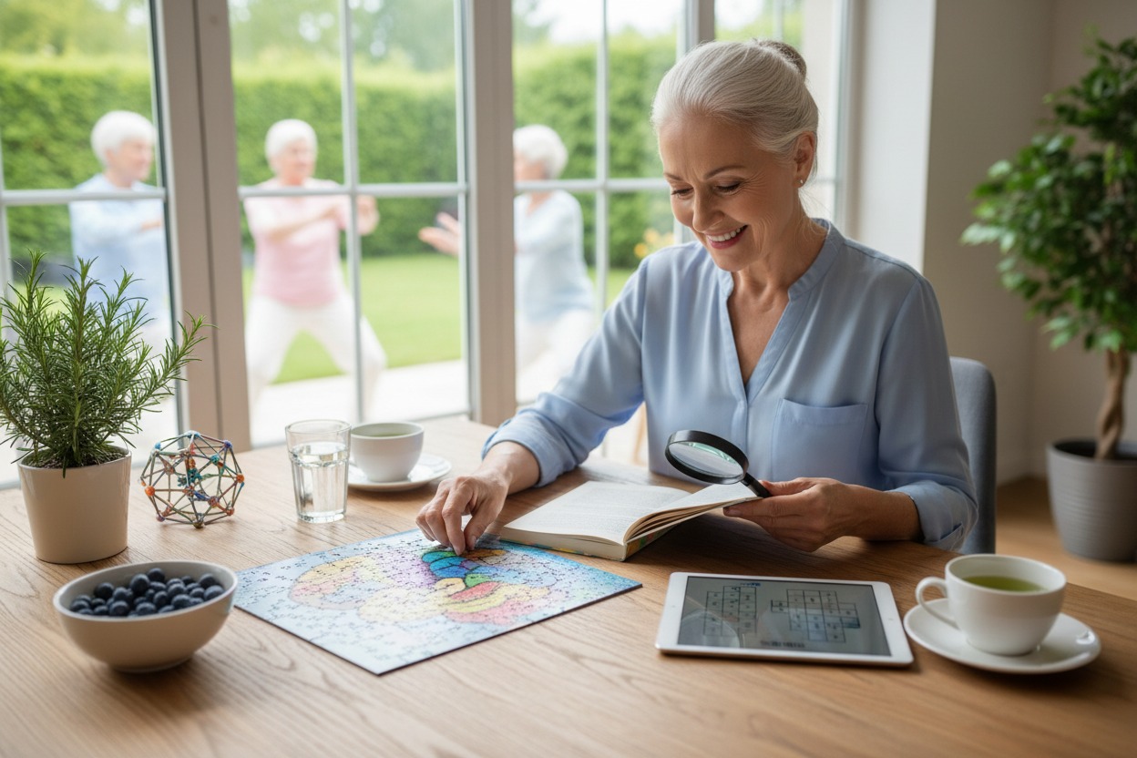 Interiér senior číta, exteriér seniori cvičia.