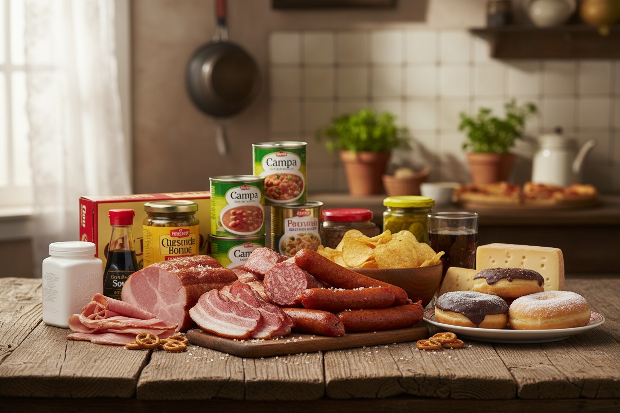 Na drevenom stole sú rozložené rôzne potraviny vrátane údenín, konzerv, zemiakových lupienkov, syra a šišiek v rustikálnej kuchyni.
