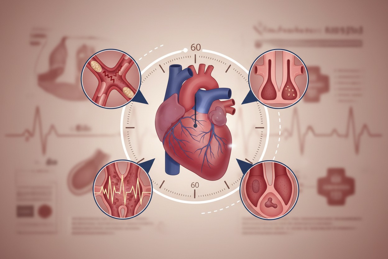 Anatomická ilustrácia ľudského srdca obklopená štyrmi detailnými výrezmi znázorňujúcimi rôzne srdcové a cievne ochorenia.
