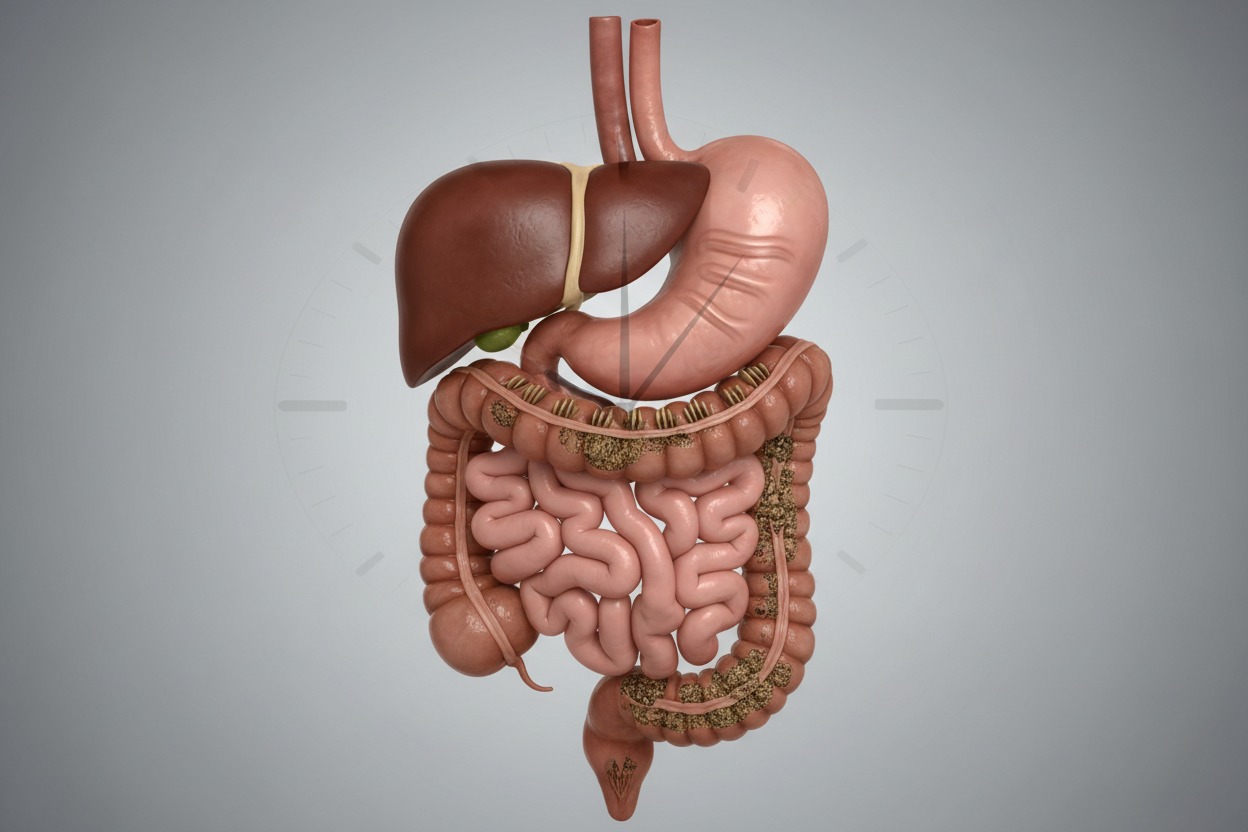 Anatomický model ľudského tráviaceho systému s vyobrazením znečisteného hrubého čreva na pozadí hodín.